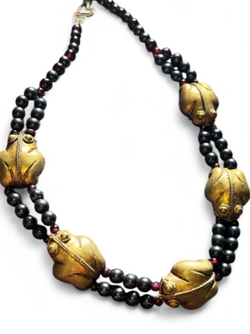 Vintage Pre Colombian  Frog Gold Tone Onyx Garnet Beaded Necklace